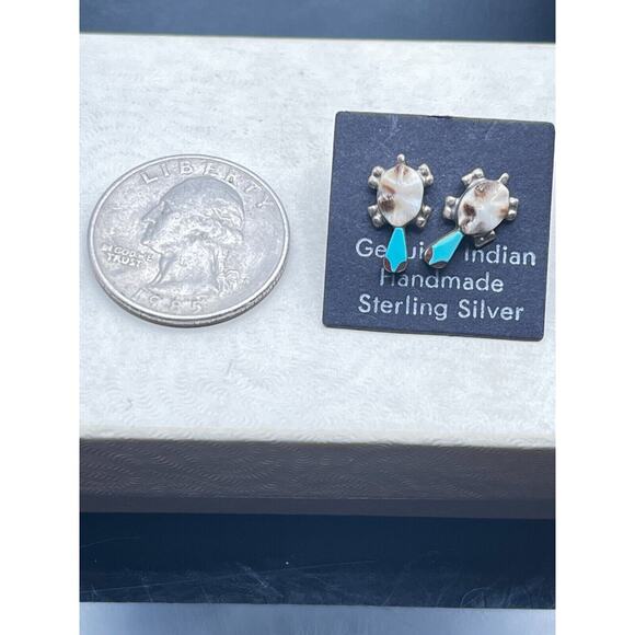 Zuni Indian Sterling Silver Turquoise Coral Turtle Post Earrings Handmade New - Picture 7 of 7